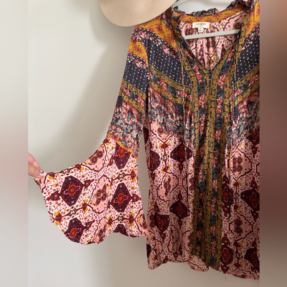 Umgee Bohemian Patterned Bell Sleeve Mini Dress - Picture 3 of 4